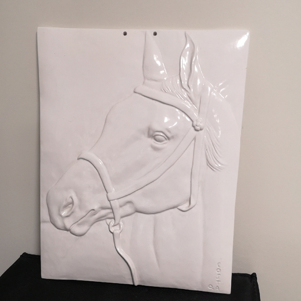 Beautiful Studio Art Ceramic White Horse Relief Wall Art Signed by Artist